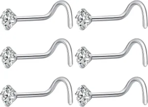 6Pcs Nose Rings Studs Corkscrew 18 Gauge Nose Piercing Jewelry Real Nose Piercings Surgical Steel 18G Screw Nose Rings Jewelry for Women Men 2mm 2.5mm 3mm CZ Gold Silver Black