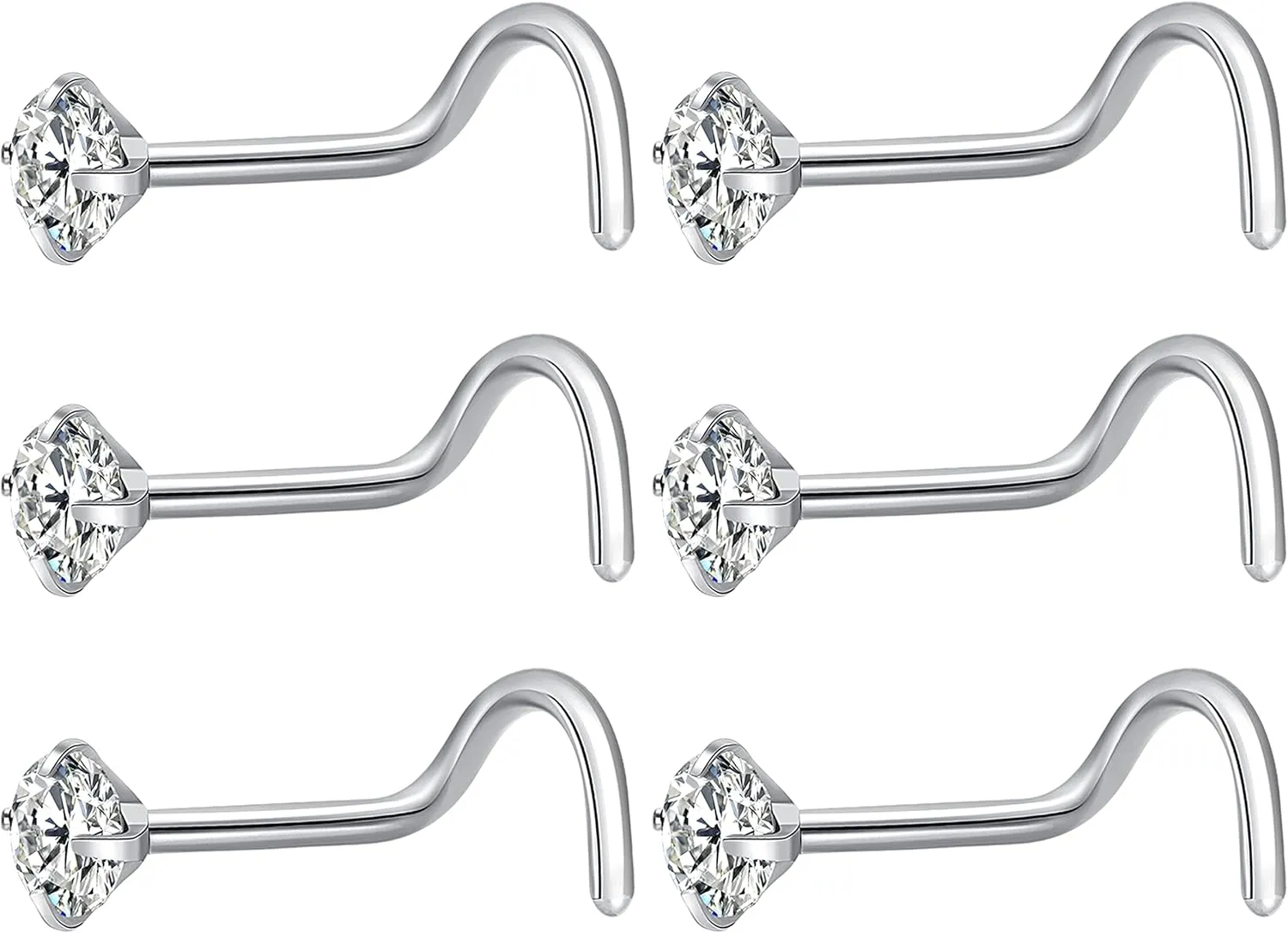6Pcs Nose Rings Studs Corkscrew 18 Gauge Nose Piercing Jewelry Real Nose Piercings Surgical Steel 18G Screw Nose Rings Jewelry for Women Men 2mm 2.5mm 3mm CZ Gold Silver Black