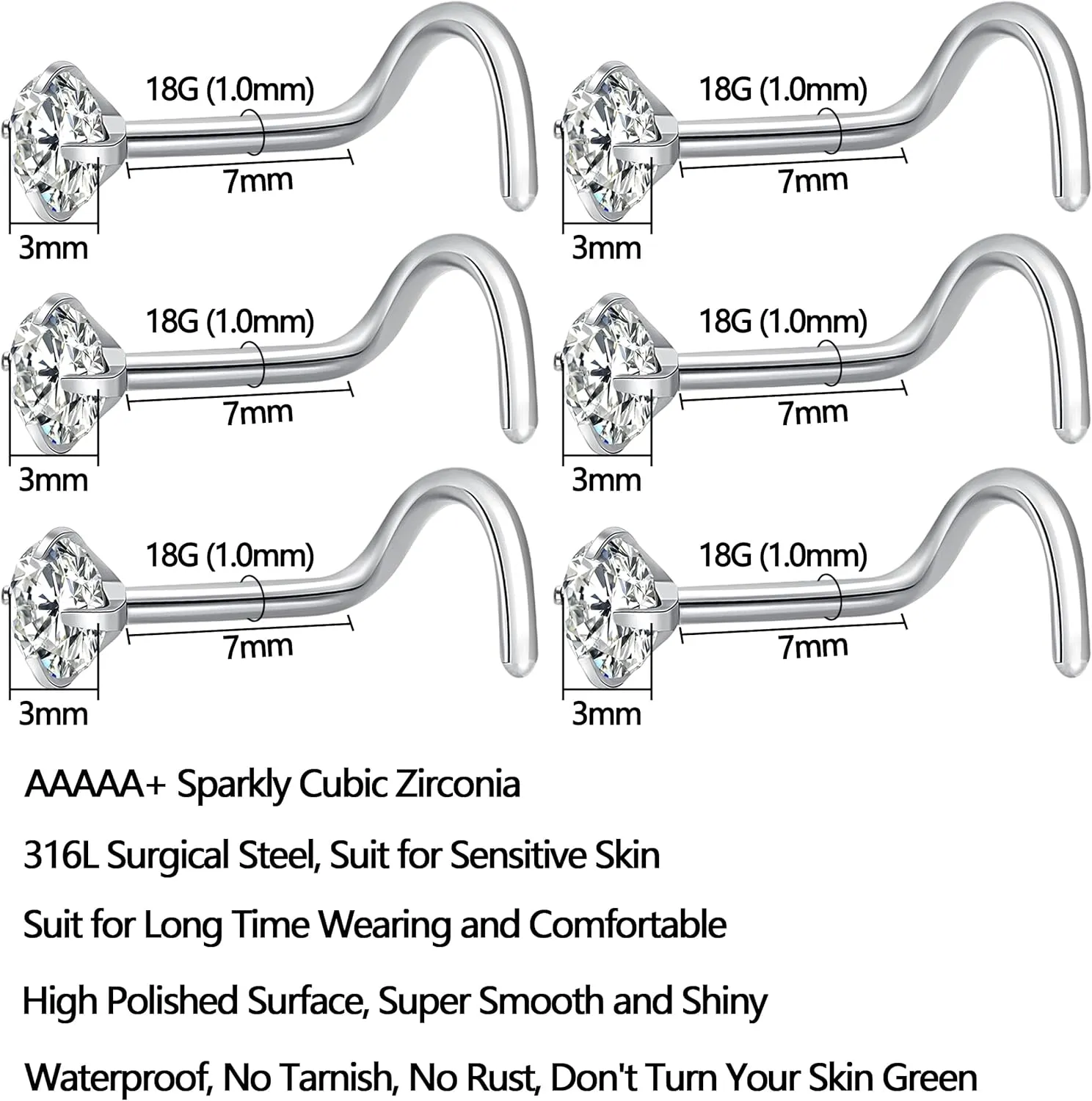 6Pcs Nose Rings Studs Corkscrew 18 Gauge Nose Piercing Jewelry Real Nose Piercings Surgical Steel 18G Screw Nose Rings Jewelry for Women Men 2mm 2.5mm 3mm CZ Gold Silver Black