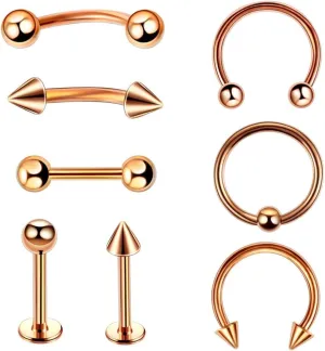 8 PCS 16G Silver Surgical Steel Straight Curved Barbells Horseshoe Spike Snake Eyes Tongue Nipple belly Eyebrow Nose Rings Tragus Earring Cartilage Mouth Hoops Piercing Jewelry Women Men Rings