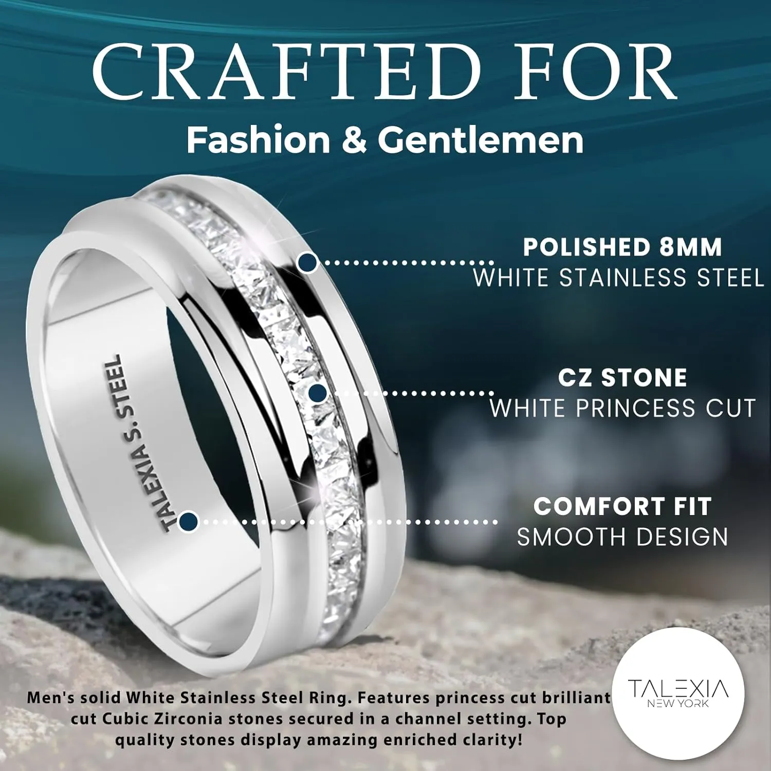 8mm Cubic Zirconia Ring for Men  Stylish CZ Eternity Men Engagement Ring, Premium Mens Stainless steel Wedding Band for Anniversary or Wedding