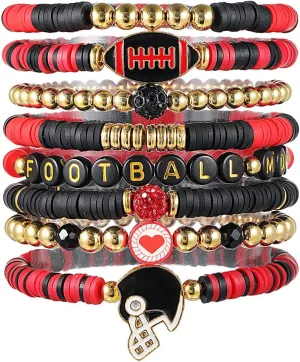 8Pcs Colorful Polymer Clay Sports Stretch Bracelets Football Charm Bracelets Football Stackable Friendship for Women Men Sports Team Party Favors Jewelry Gifts