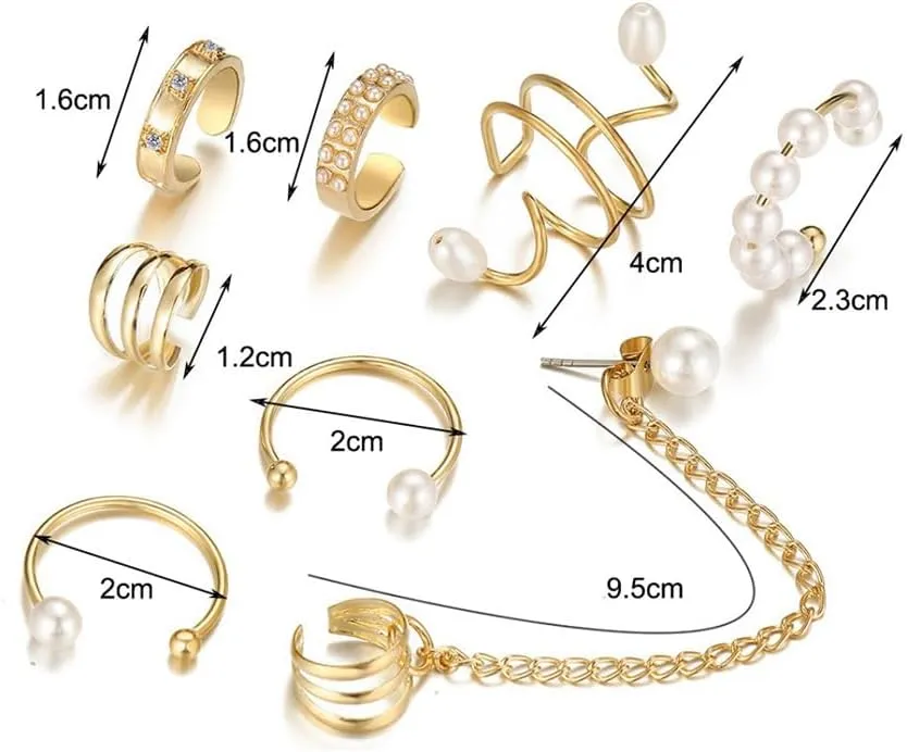 8Pcs Dainty Pearl Chain Ear Cuff Earrings Set for Women, 14K Gold Non Piercing Claw Pearls Beads Statement Earrings Trendy Silver Stack Ear Jewelry