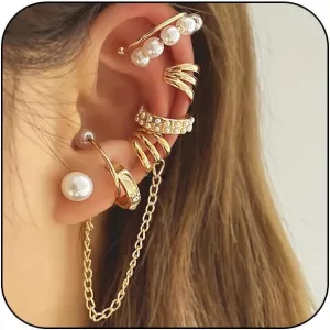 8Pcs Dainty Pearl Chain Ear Cuff Earrings Set for Women, 14K Gold Non Piercing Claw Pearls Beads Statement Earrings Trendy Silver Stack Ear Jewelry