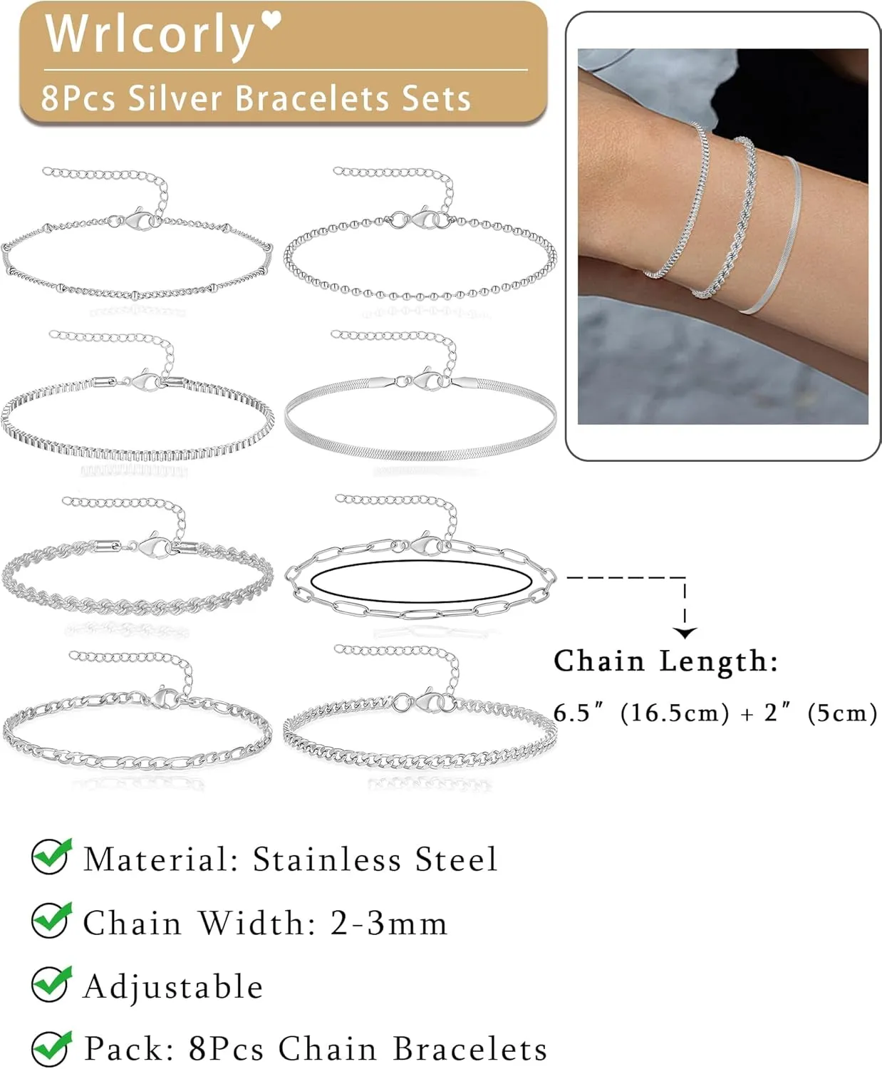 8Pcs Gold Bracelets 18K Gold Plated Stainless Steel Chain Bracelet Satellite Bead Box Herringbone Rope Paperclip Figaro Cuban Link Bracelet for Women Silver Gold Tone 6.5 Inches Adjustable