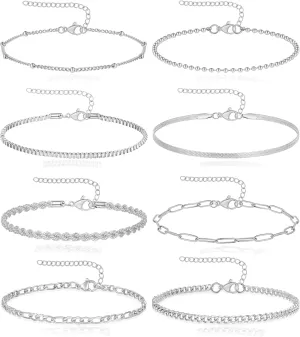 8Pcs Gold Bracelets 18K Gold Plated Stainless Steel Chain Bracelet Satellite Bead Box Herringbone Rope Paperclip Figaro Cuban Link Bracelet for Women Silver Gold Tone 6.5 Inches Adjustable