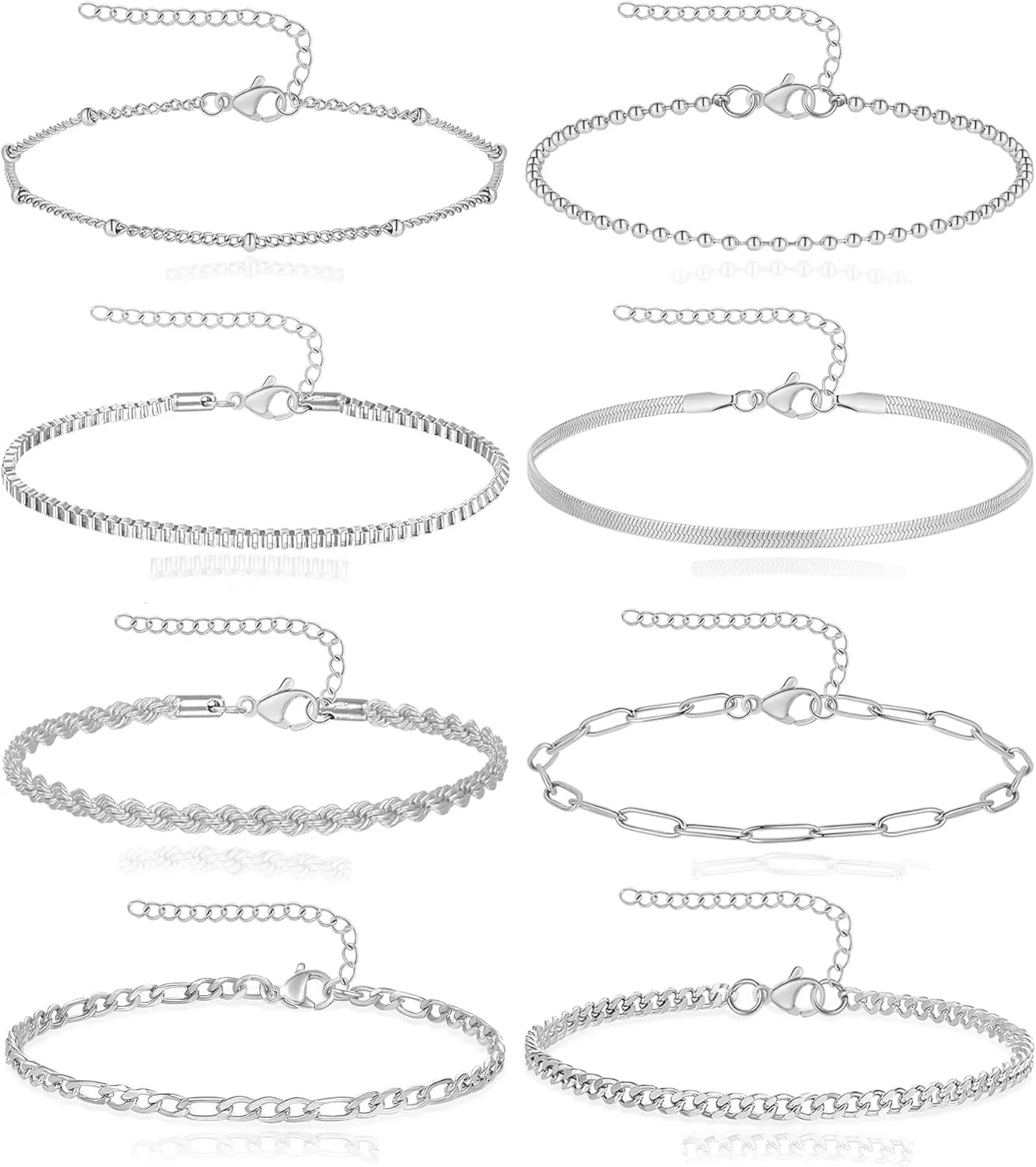 8Pcs Gold Bracelets 18K Gold Plated Stainless Steel Chain Bracelet Satellite Bead Box Herringbone Rope Paperclip Figaro Cuban Link Bracelet for Women Silver Gold Tone 6.5 Inches Adjustable