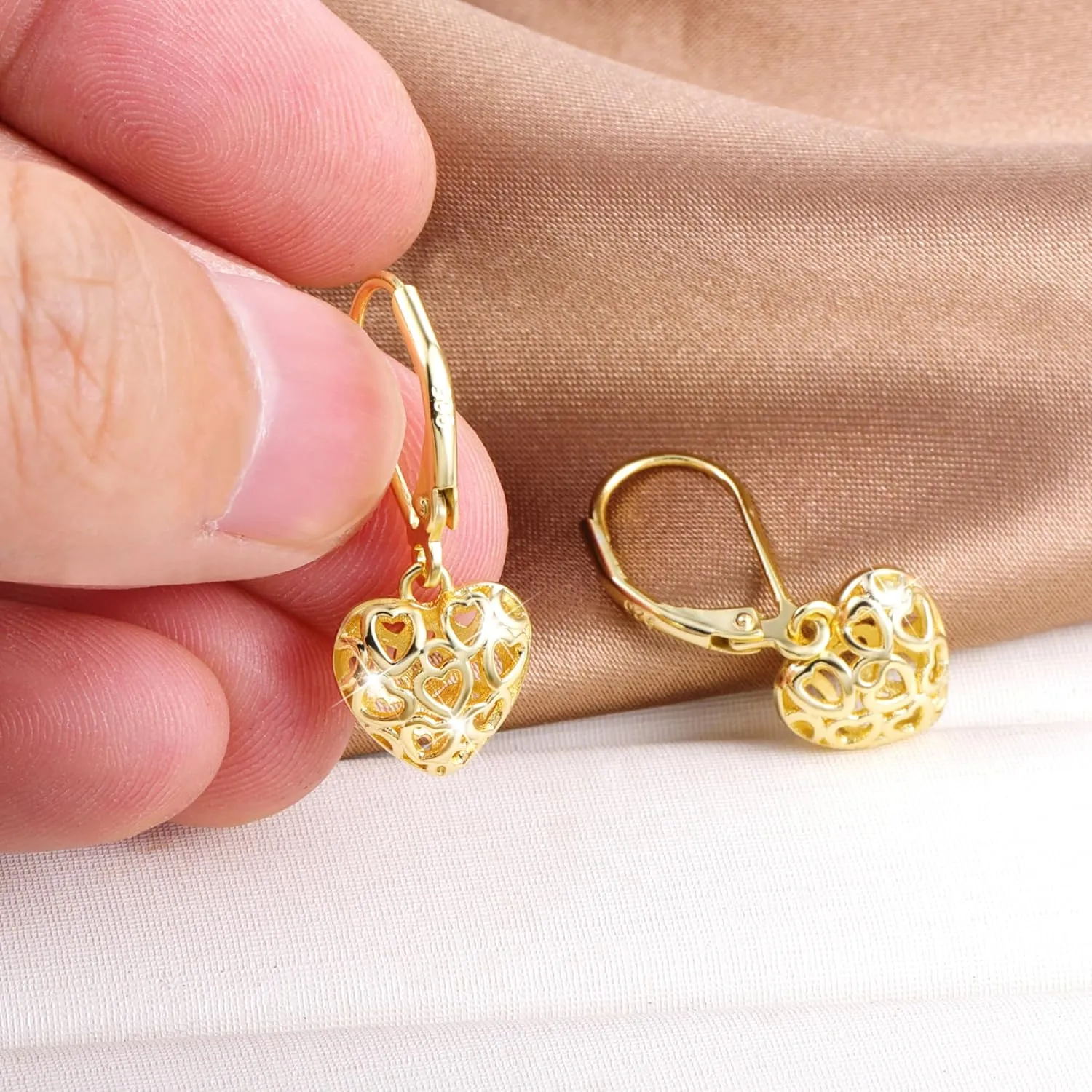 925 Sterling Silver 14K Gold French Style Leverback Earrings, Heart Dangle Drop Earrings for Women Hypoallergenic Jewelry