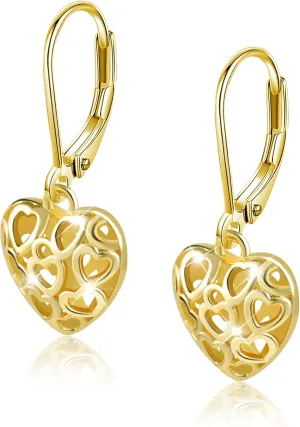 925 Sterling Silver 14K Gold French Style Leverback Earrings, Heart Dangle Drop Earrings for Women Hypoallergenic Jewelry