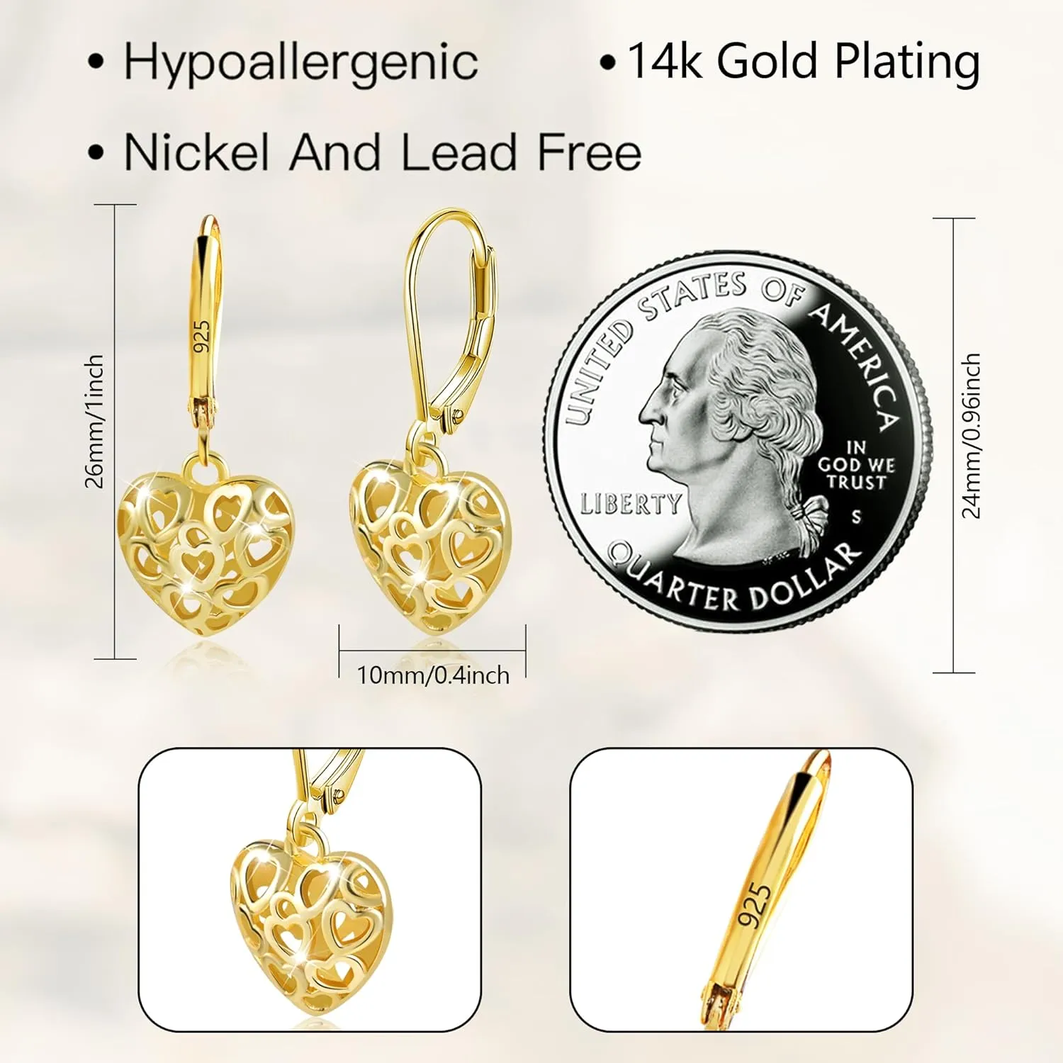 925 Sterling Silver 14K Gold French Style Leverback Earrings, Heart Dangle Drop Earrings for Women Hypoallergenic Jewelry