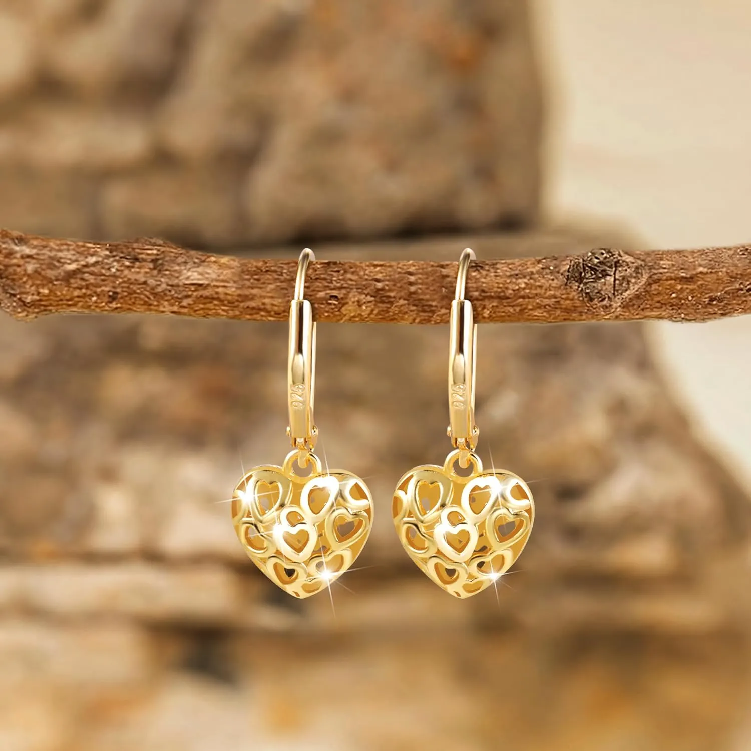 925 Sterling Silver 14K Gold French Style Leverback Earrings, Heart Dangle Drop Earrings for Women Hypoallergenic Jewelry