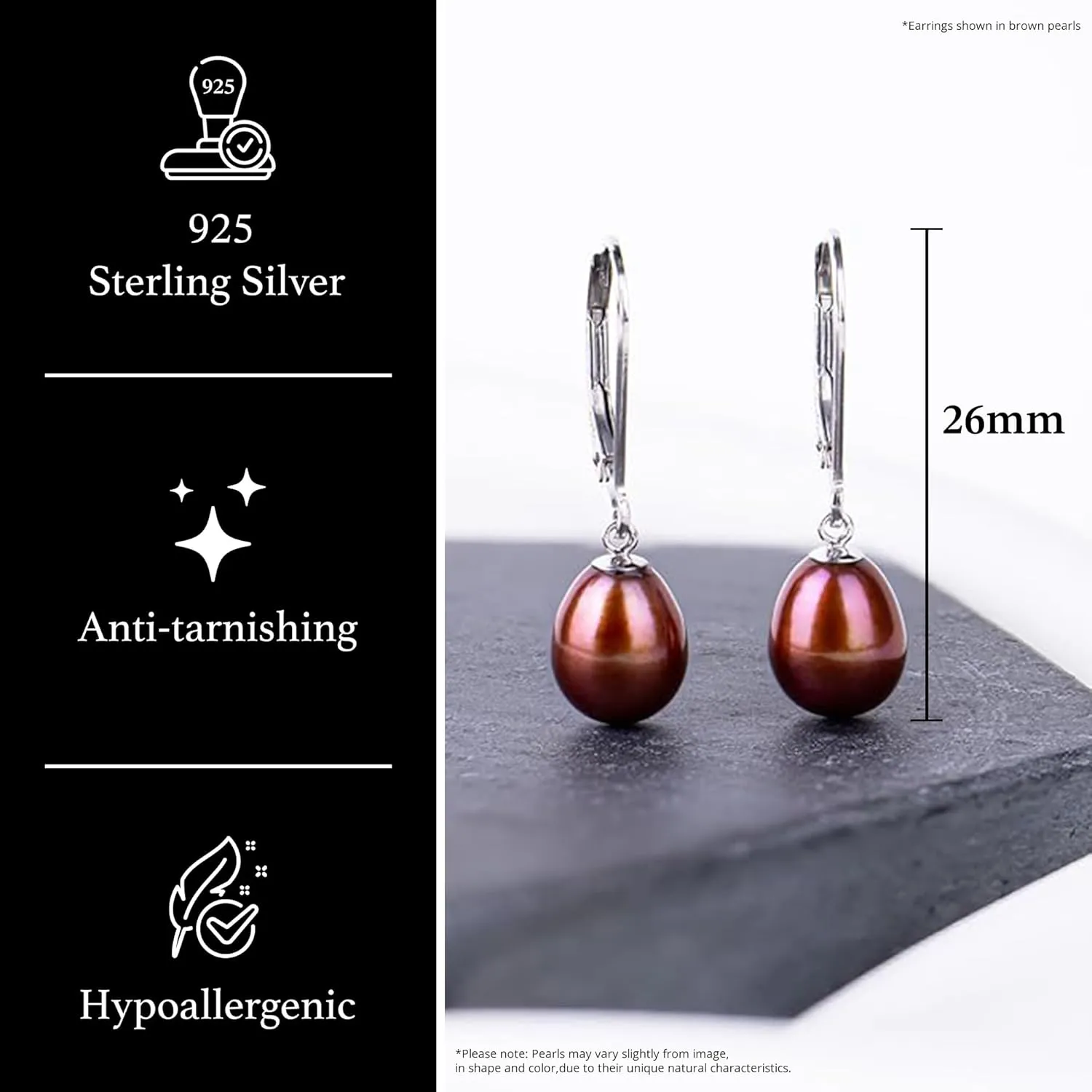925 Sterling Silver 8mm Genuine Pearls Freshwater Cultured Lever-back Dangle Earrings for Women