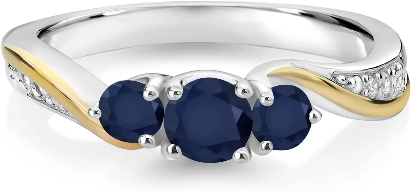 925 Sterling Silver and 10K Yellow Gold Blue Sapphire and White Lab Grown Diamond 3 Stone Engagement Ring For Women (0.68 Cttw, Gemstone September Birthstone, Available In Size 5, 6, 7, 8, 9)