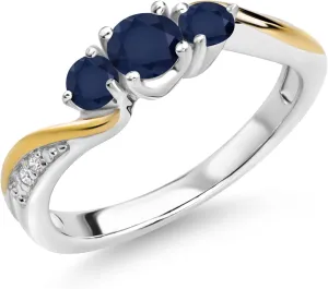 925 Sterling Silver and 10K Yellow Gold Blue Sapphire and White Lab Grown Diamond 3 Stone Engagement Ring For Women (0.68 Cttw, Gemstone September Birthstone, Available In Size 5, 6, 7, 8, 9)