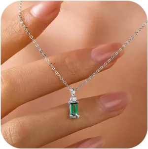 925 Sterling Silver Baguette Emerald Cubic Zirconia Necklaces for Women Dainty 14k Gold Plated Green Birthstone Charm Chain Pendant Necklace Birthday Jewelry Gifts for Mom Wife