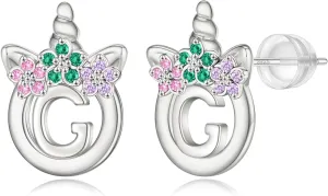 925 Sterling Silver Post Initial Unicorn Earrings - 14K/White Gold Plated, Birthday & Girl's Unicorn Gifts