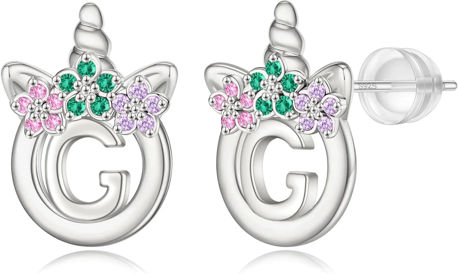 925 Sterling Silver Post Initial Unicorn Earrings - 14K/White Gold Plated, Birthday & Girl's Unicorn Gifts