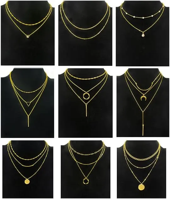 9Pcs 18K Gold Plated Layered Necklaces for Women Simple Paperclip Cuban Chain Pendant Necklace Multilayer Satellite Pearl CZ Coin Moon Triangle Bar Choker Necklace Set Gifts Gold Silver Tone