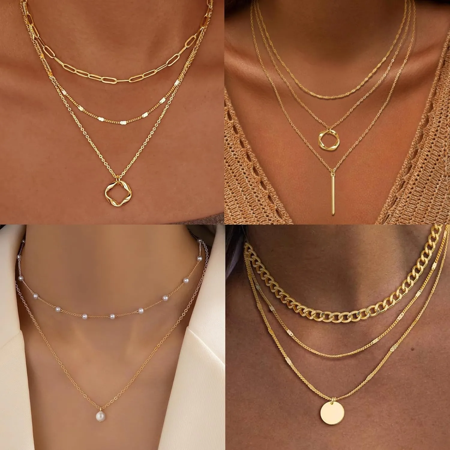 9Pcs 18K Gold Plated Layered Necklaces for Women Simple Paperclip Cuban Chain Pendant Necklace Multilayer Satellite Pearl CZ Coin Moon Triangle Bar Choker Necklace Set Gifts Gold Silver Tone