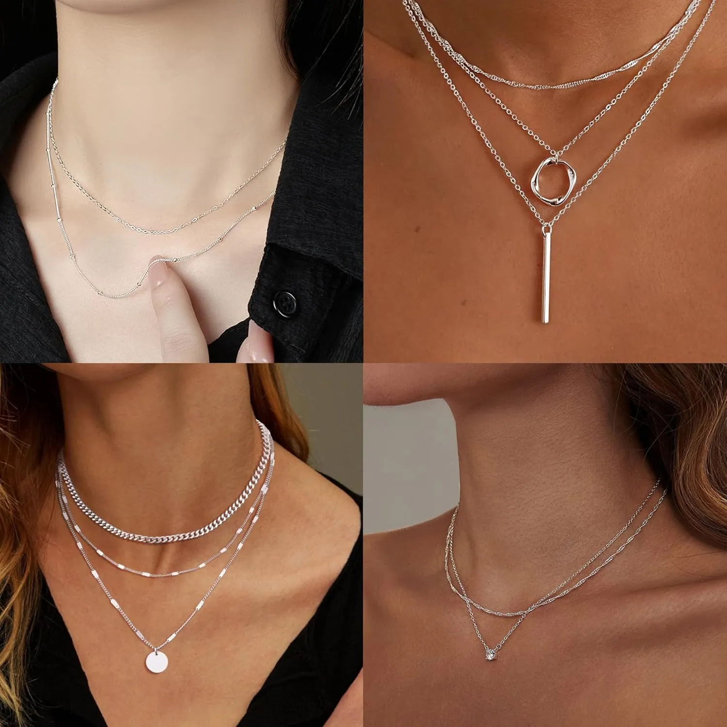 9Pcs 18K Gold Plated Layered Necklaces for Women Simple Paperclip Cuban Chain Pendant Necklace Multilayer Satellite Pearl CZ Coin Moon Triangle Bar Choker Necklace Set Gifts Gold Silver Tone