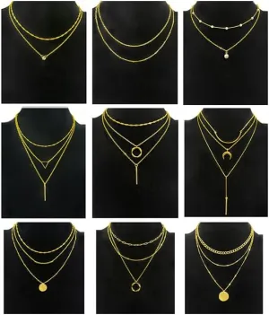 9Pcs 18K Gold Plated Layered Necklaces for Women Simple Paperclip Cuban Chain Pendant Necklace Multilayer Satellite Pearl CZ Coin Moon Triangle Bar Choker Necklace Set Gifts Gold Silver Tone
