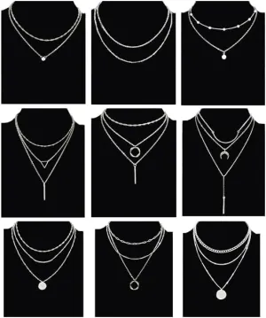 9Pcs 18K Gold Plated Layered Necklaces for Women Simple Paperclip Cuban Chain Pendant Necklace Multilayer Satellite Pearl CZ Coin Moon Triangle Bar Choker Necklace Set Gifts Gold Silver Tone