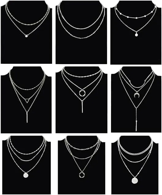 9Pcs 18K Gold Plated Layered Necklaces for Women Simple Paperclip Cuban Chain Pendant Necklace Multilayer Satellite Pearl CZ Coin Moon Triangle Bar Choker Necklace Set Gifts Gold Silver Tone