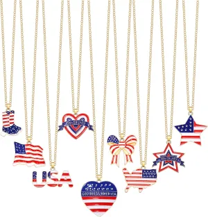 9Pcs American Flag Star USA Pendant Necklaces Set for Women Patriotic Enamel American Flag Map Knot Heart Boots Pendant Necklace, Memorial Day 4th of July Independence Day Decorations Holiday Jewelry Gifts
