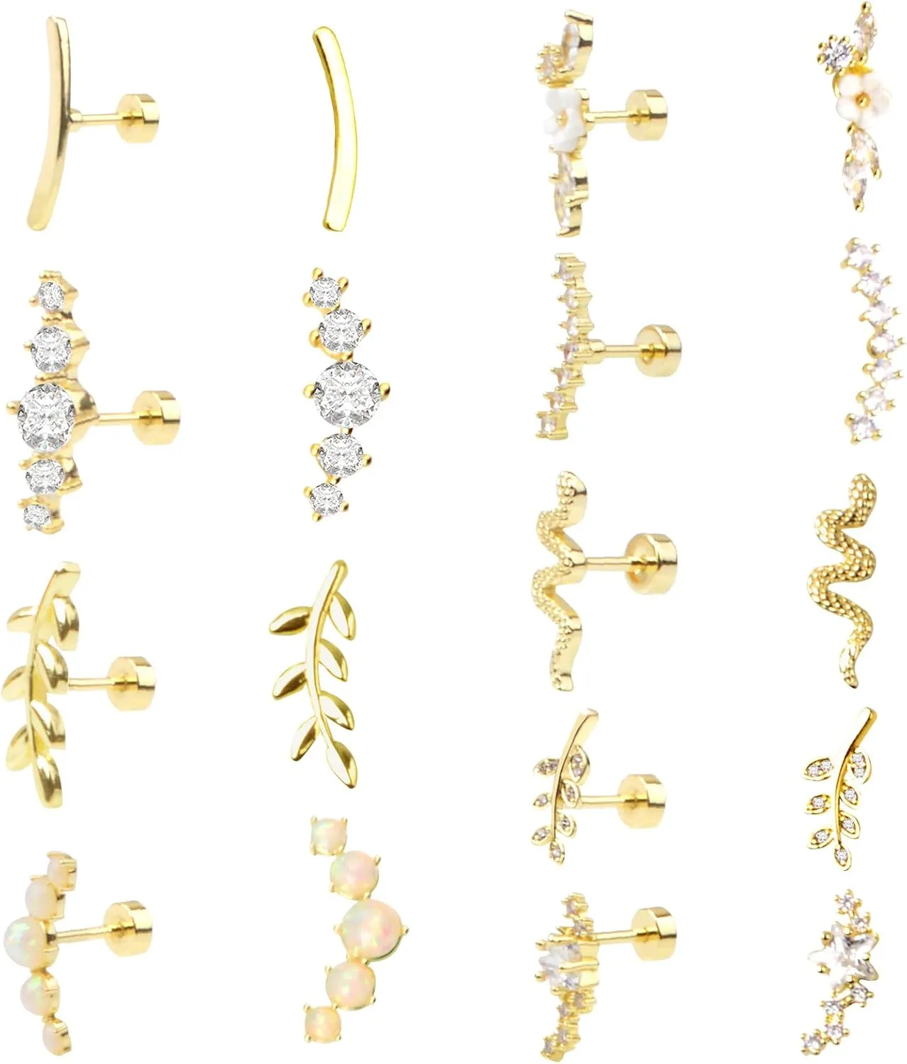 9pcs Cartilage Earrings Helix Piercing 14K Golden Plated Stainless Steel Opal CZ Conch Daith Tragus Piercing Jewelry Snake Leaf Screw Flat Back Stud Earrings Set for Women Sensitive Ears