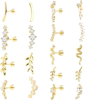 9pcs Cartilage Earrings Helix Piercing 14K Golden Plated Stainless Steel Opal CZ Conch Daith Tragus Piercing Jewelry Snake Leaf Screw Flat Back Stud Earrings Set for Women Sensitive Ears