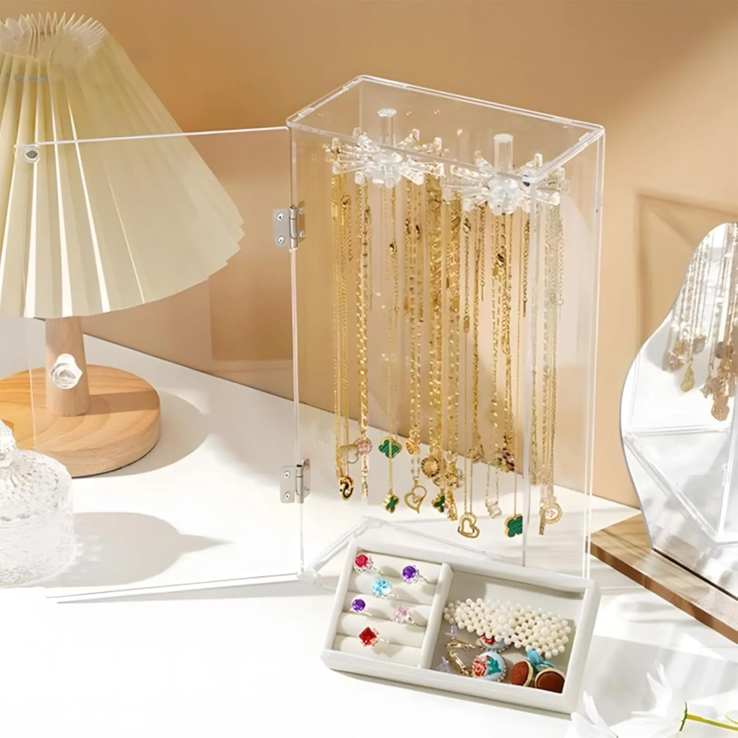 Acrylic Necklace Holder Jewelry Organizer Storage Box with Velvet Tray, Rotating Earring & Necklace Display Stand, 24 Hooks Clear Storage Rack for Bracelets, Rings, Long Necklaces