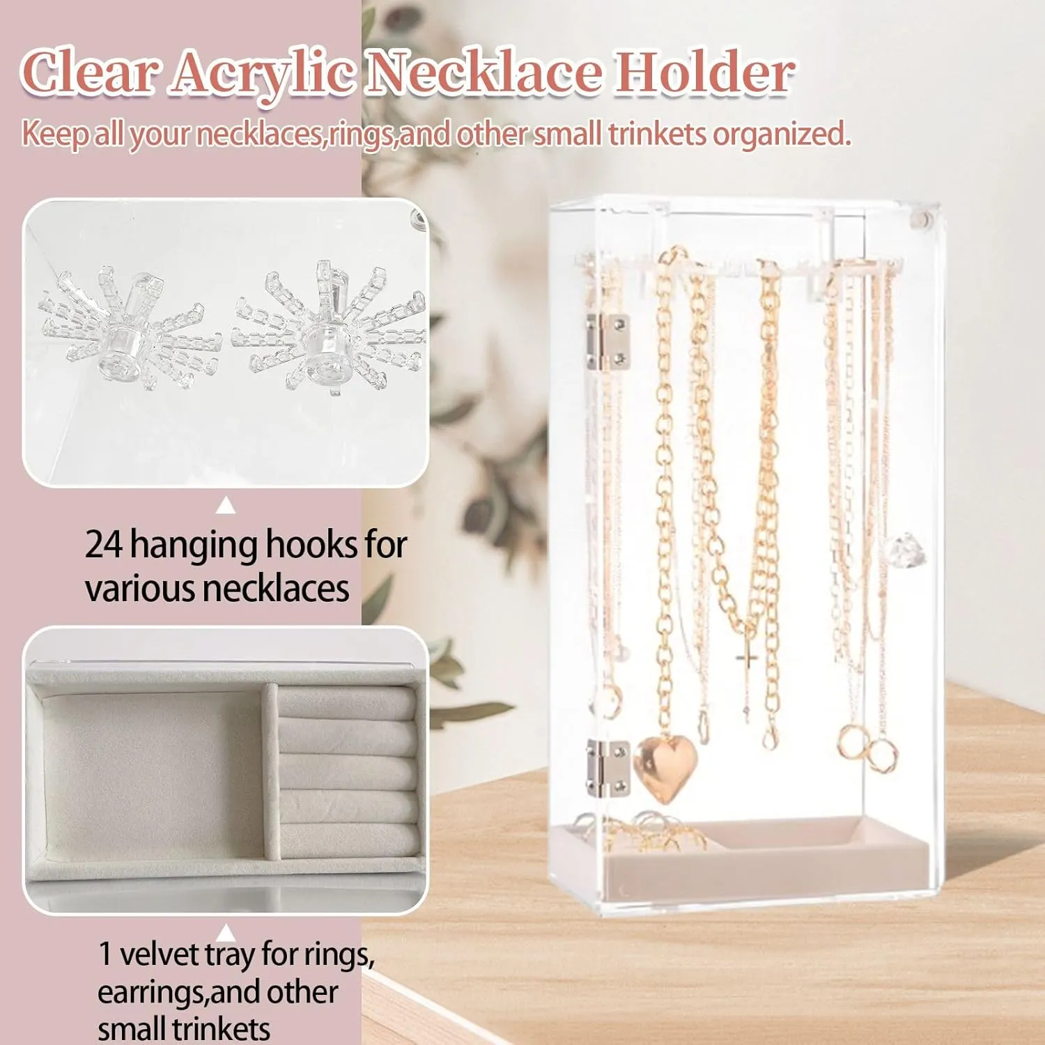 Acrylic Necklace Holder Jewelry Organizer Storage Box with Velvet Tray, Rotating Earring & Necklace Display Stand, 24 Hooks Clear Storage Rack for Bracelets, Rings, Long Necklaces