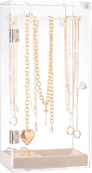 Acrylic Necklace Holder Jewelry Organizer Storage Box with Velvet Tray, Rotating Earring & Necklace Display Stand, 24 Hooks Clear Storage Rack for Bracelets, Rings, Long Necklaces