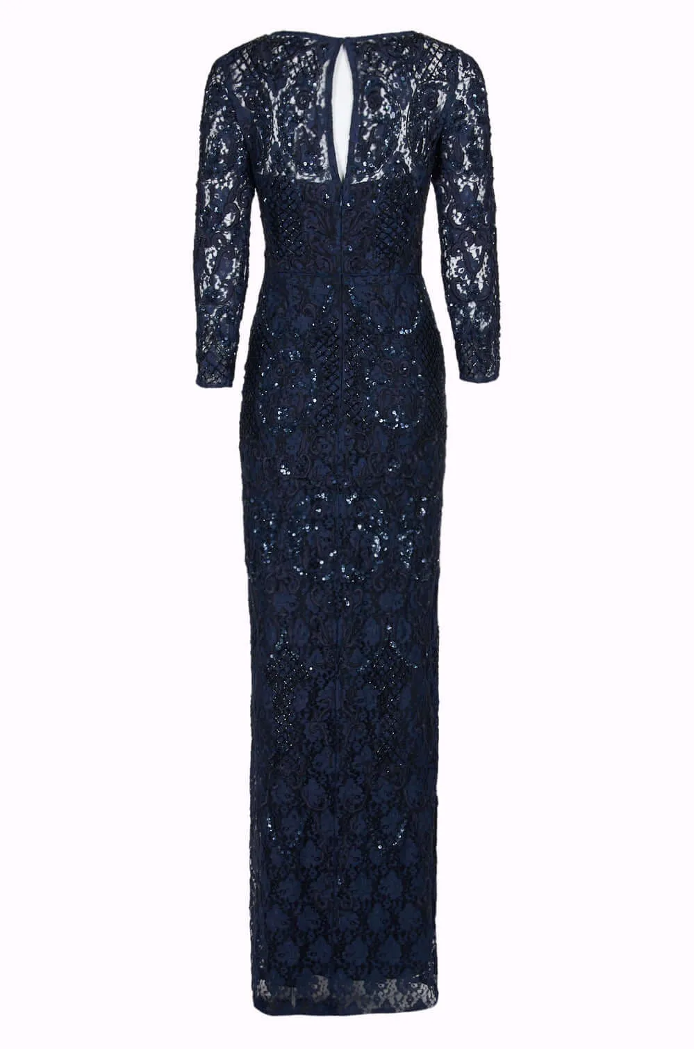 Aidan Mattox Scoop Neck Long Sleeve Keyhole Back Embellished Floral Lace Gown