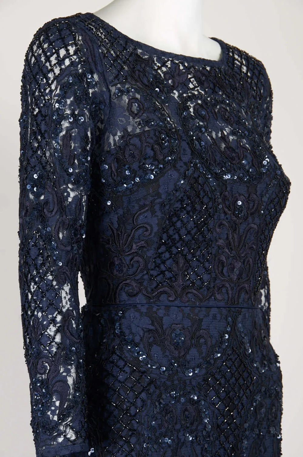 Aidan Mattox Scoop Neck Long Sleeve Keyhole Back Embellished Floral Lace Gown
