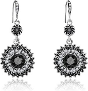 AILUOR Vintage Round Blue Sapphire Sunflowers Dangle Earrings, Women's Unique Retro Colorful Ethnic Bohemian Earrings Jewelry for Women