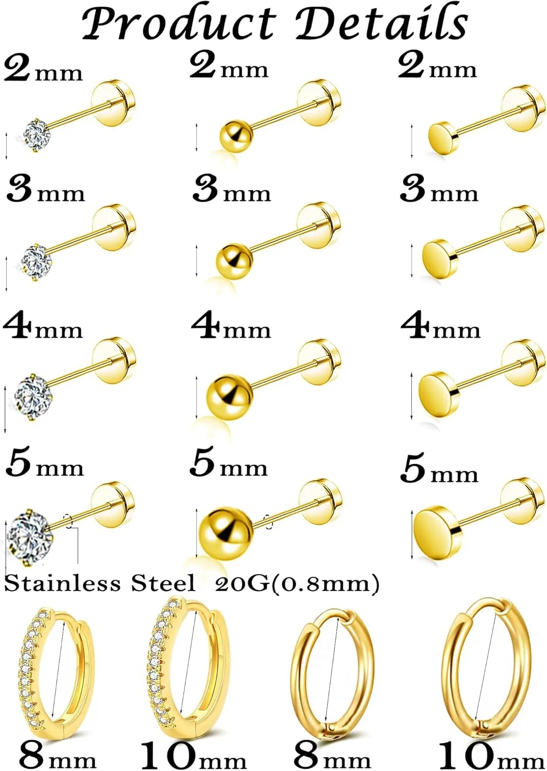Akeoqi 16 Pairs Small Stud Earrings Stainless Steel Flat Back Tiny Stud Earring Huggie Hoops for Women Men CZ Ball Disc Stud Screw Back Cartilage Earring Set for Multiple Piercing 20G Gold Silver Tone