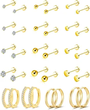 Akeoqi 16 Pairs Small Stud Earrings Stainless Steel Flat Back Tiny Stud Earring Huggie Hoops for Women Men CZ Ball Disc Stud Screw Back Cartilage Earring Set for Multiple Piercing 20G Gold Silver Tone