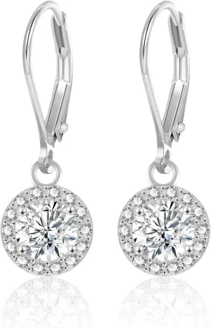 ALEXCRAFT Sterling Silver Leverback Dangle Drop Earrings for Women, Cubic Zirconia Small Round Square Halo Drop Earring Hypoallergenic Jewelry for Wedding Bridal