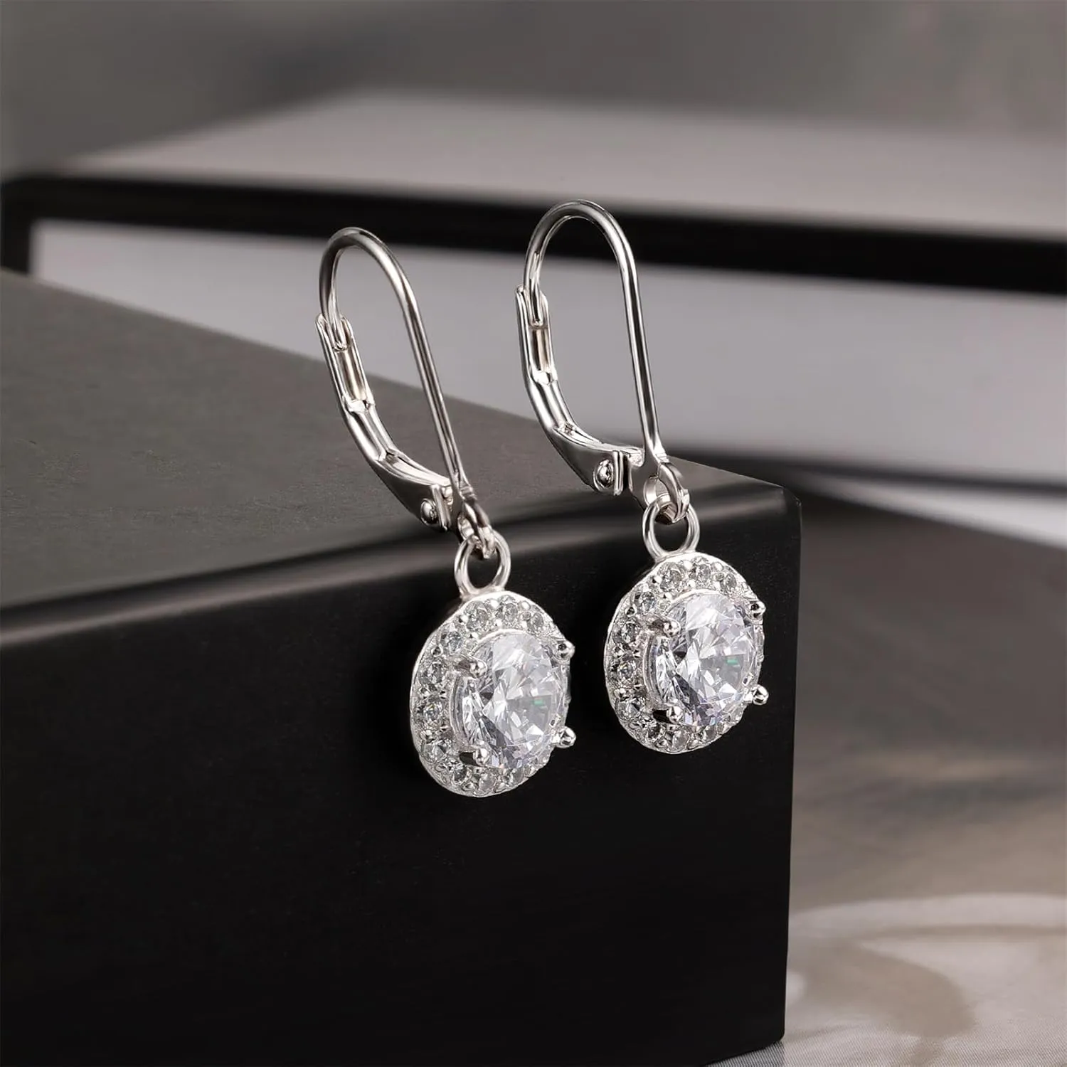 ALEXCRAFT Sterling Silver Leverback Dangle Drop Earrings for Women, Cubic Zirconia Small Round Square Halo Drop Earring Hypoallergenic Jewelry for Wedding Bridal