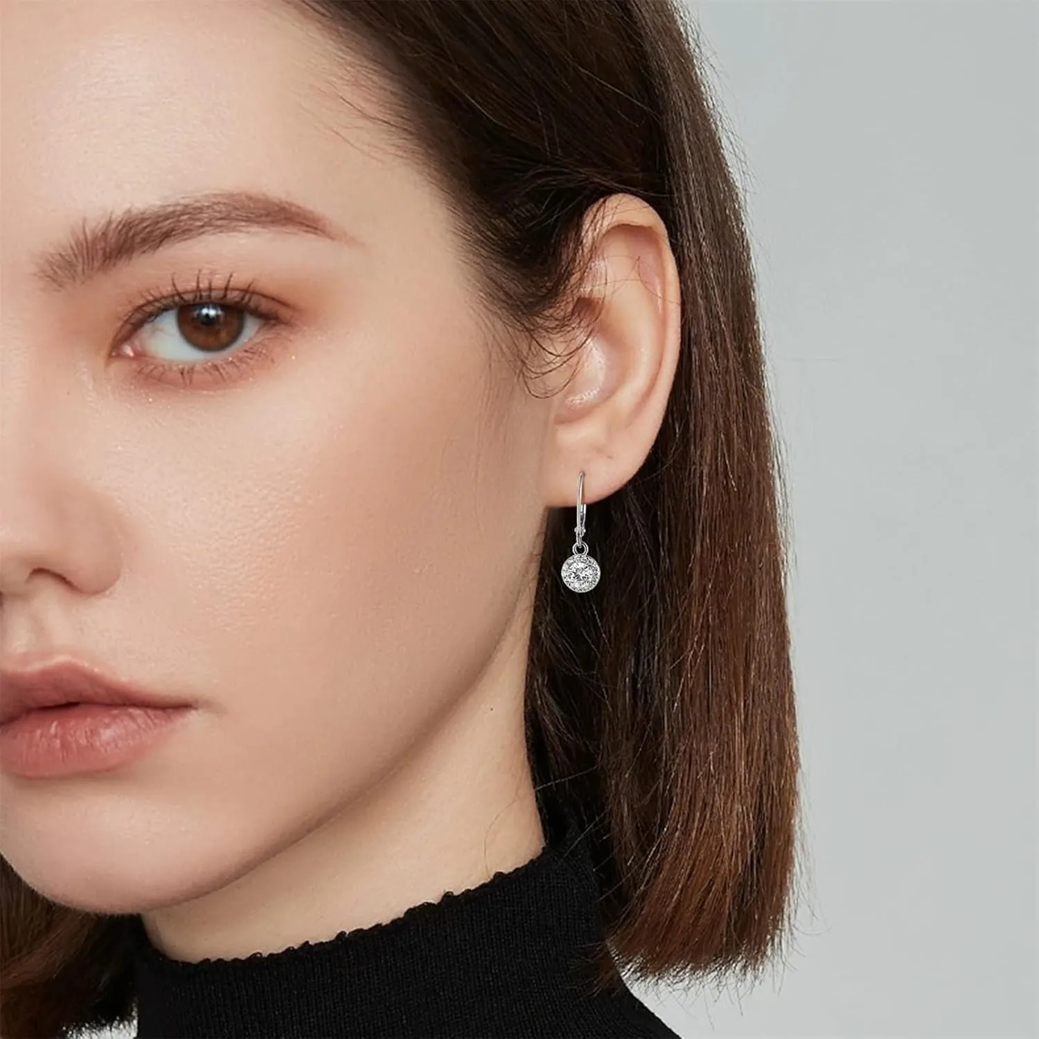 ALEXCRAFT Sterling Silver Leverback Dangle Drop Earrings for Women, Cubic Zirconia Small Round Square Halo Drop Earring Hypoallergenic Jewelry for Wedding Bridal