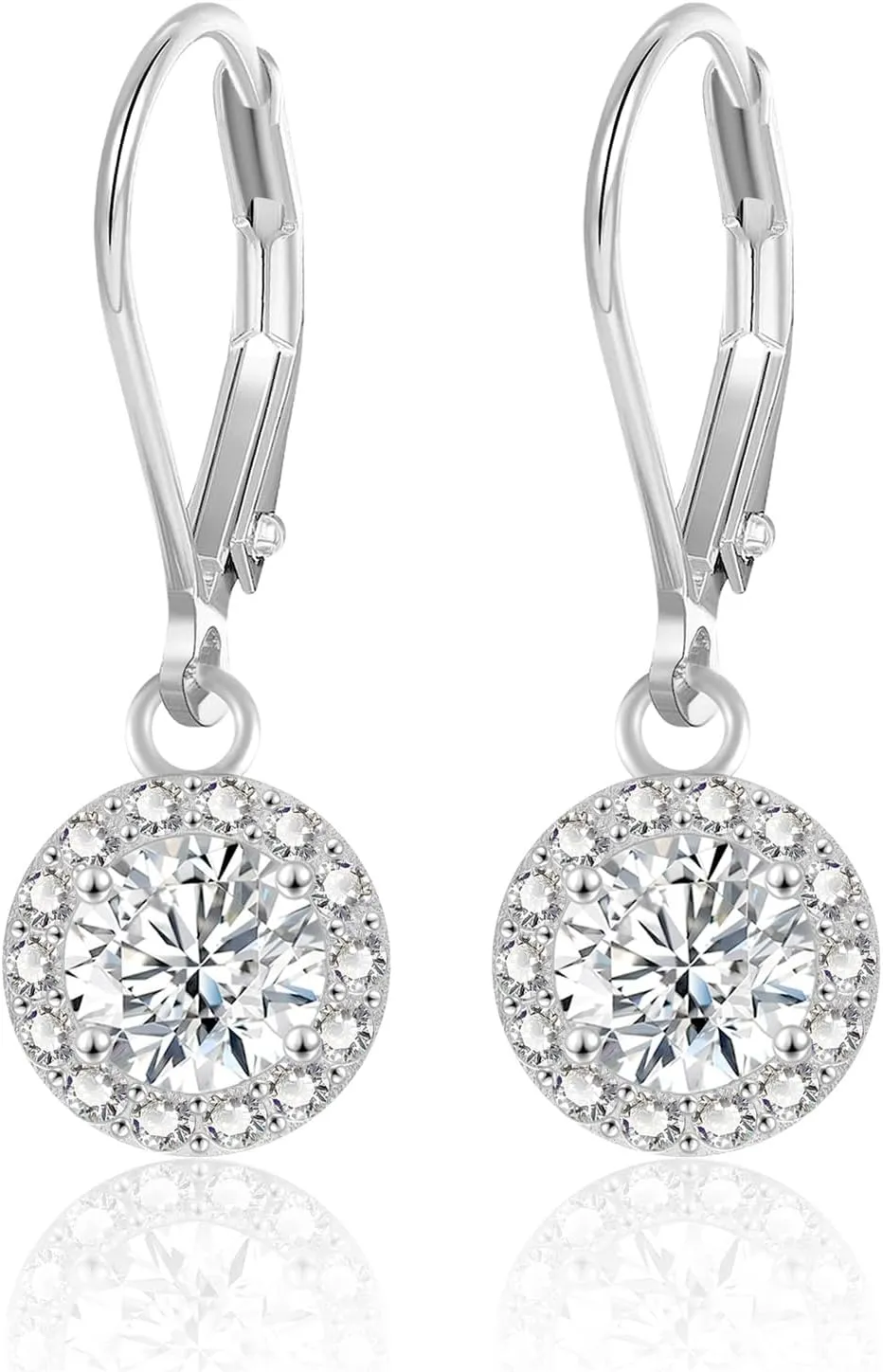 ALEXCRAFT Sterling Silver Leverback Dangle Drop Earrings for Women, Cubic Zirconia Small Round Square Halo Drop Earring Hypoallergenic Jewelry for Wedding Bridal