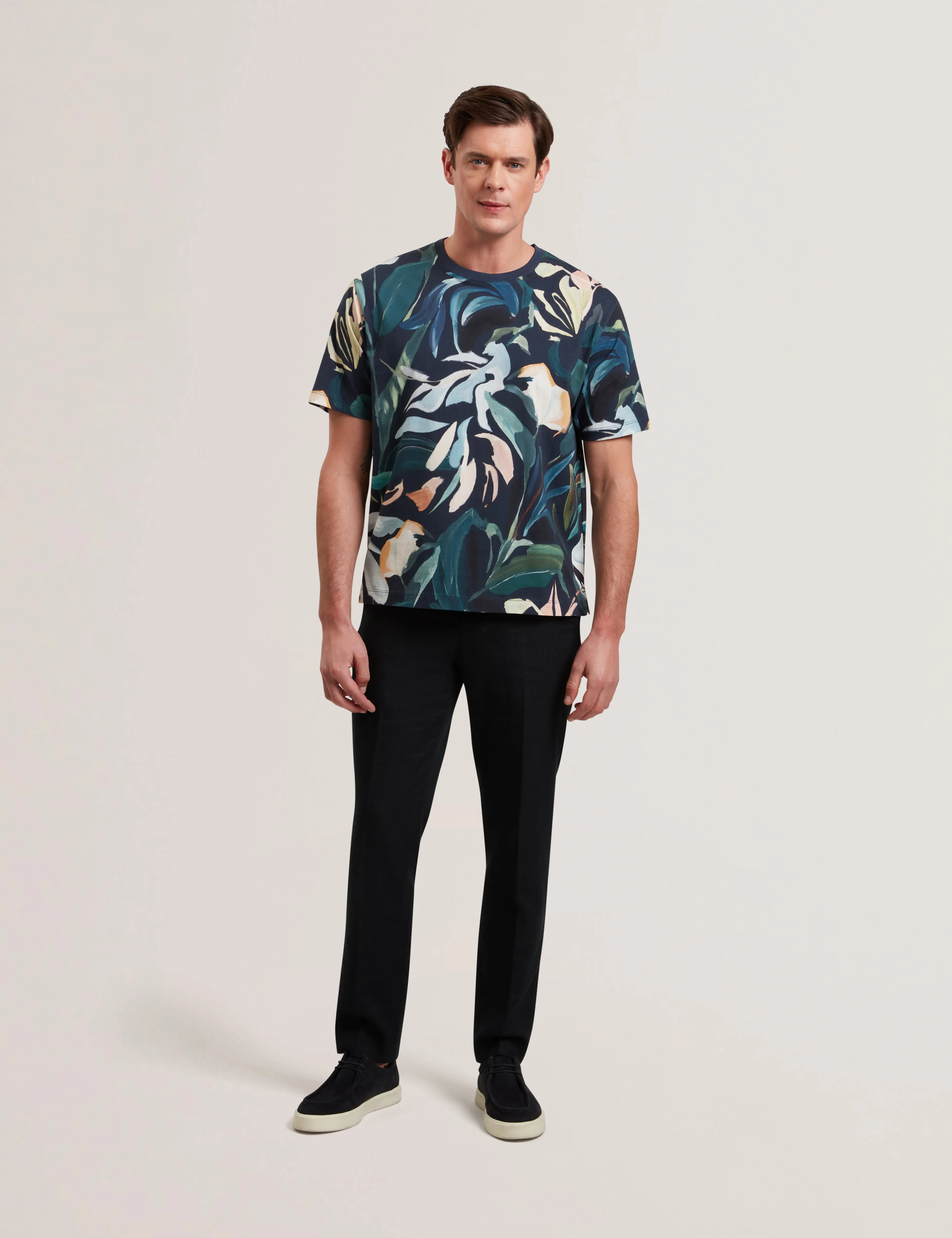 Almoi Short Sleeve Cotton Floral Print T-Shirt Black