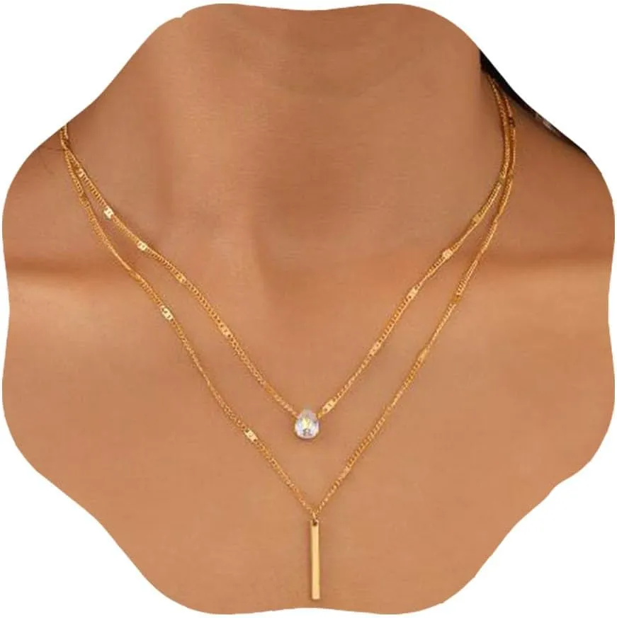Aluinn Bar Layered Necklace Crystal Choker Necklaces Fashion Gold Necklace for women