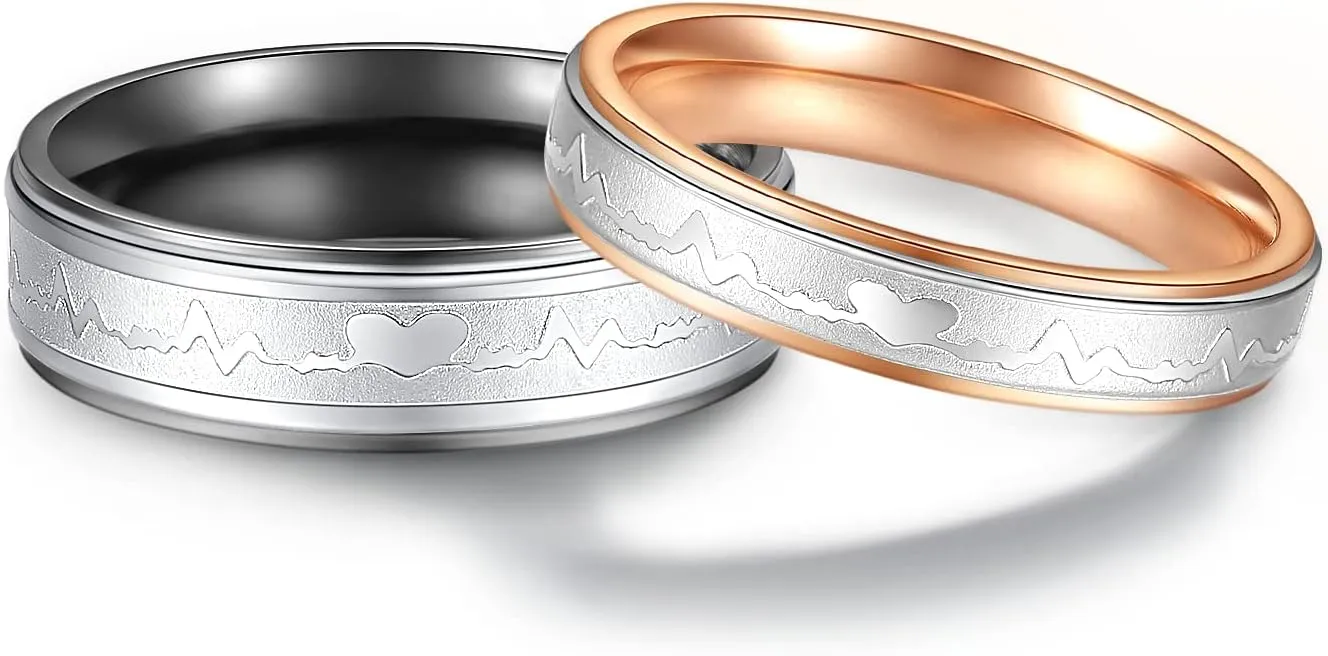 Amazing Heartbeat Titanium Stainless Steel Couple Ring Set Anniversary Engagement Promise Ring