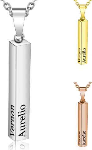 Amlion Personalized 4 Sided Vertical Engraved 3D Bar Necklace,Custom Pendant Necklaces