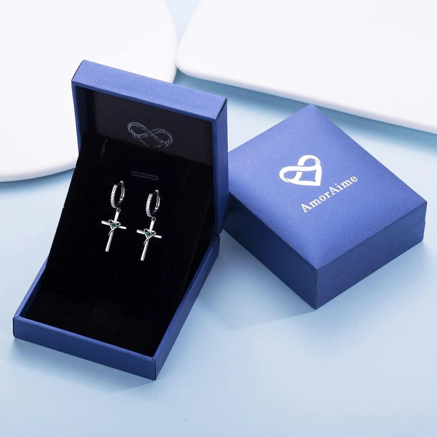 AmorAime 925 Sterling Silver Earrings for Women 14k Gold Plated Earrings Birthstone Heart Earring Dangle Cross Earring for Easter or Birthday