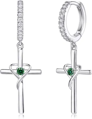 AmorAime 925 Sterling Silver Earrings for Women 14k Gold Plated Earrings Birthstone Heart Earring Dangle Cross Earring for Easter or Birthday