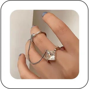 Andelaisi Boho Crystal Chain Finger Link Rings Vintage CZ Square Wrap Open Rings Silver Rhinestone Link Chain Rings Square Adjustable Stacking Rings Jewelry for Women
