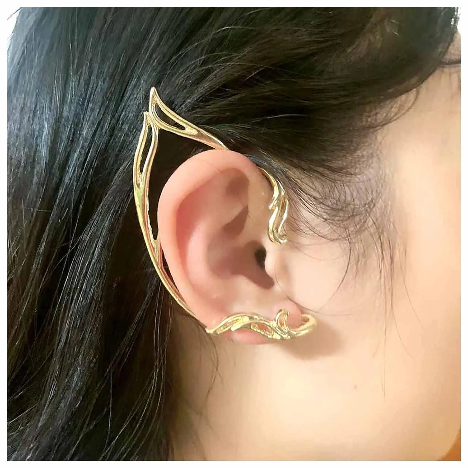 Andelaisi Boho Fair Elf Cuff Earrings Vintage Cat Ear Clip Earrings Gold Hollow Cartilage Climber Earrings Gothic Clip On Earrings Punk Statement Earrings Jewelry for Women(Right)
